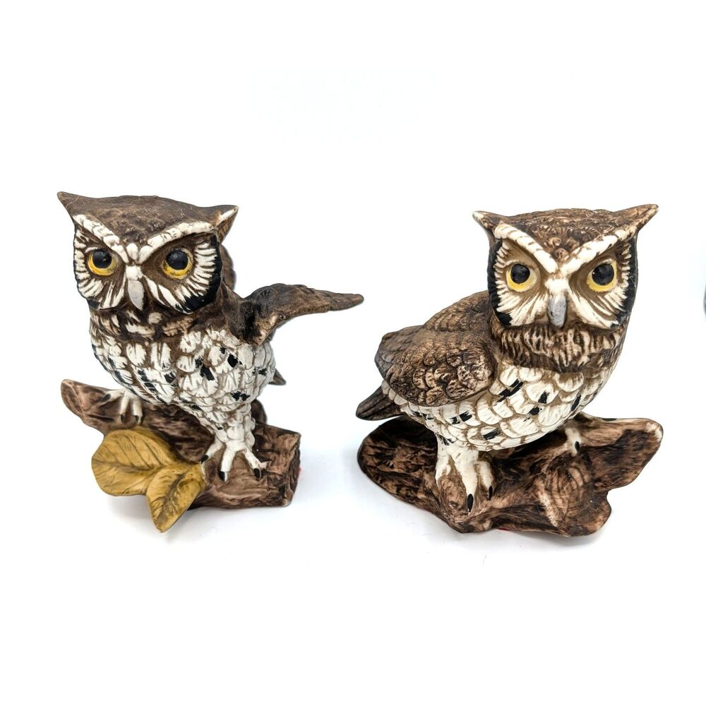 VTG Owls Homco Home Interiors Ceramic Great Horned Figurine #1114 Set of 2 5.5"